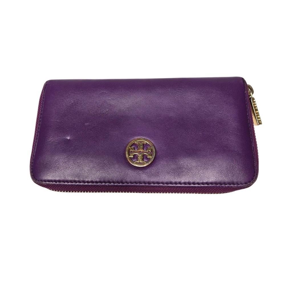 Tory Burch Robinson Zip Around Wallet Purple Saffiano Leather Gold Logo